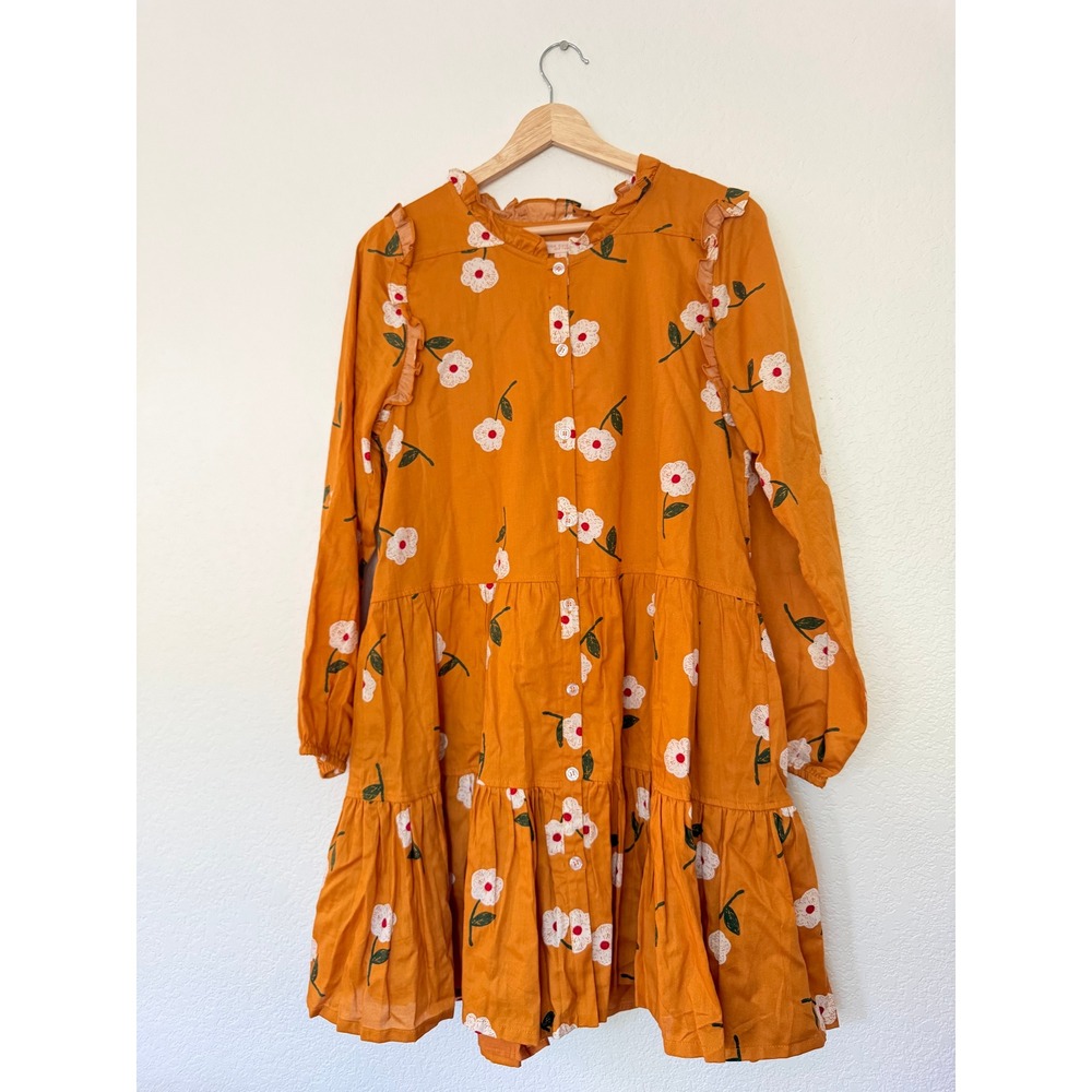 Pink Chicken Mustard Yellow Floral Tiered Mini Dress Cotton Long Sleeve Womens S